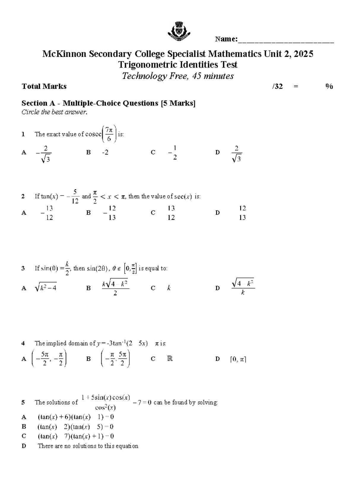 11SM Specialist Mathematics Unit 2 Trigonometric Identities Test 2025 ...