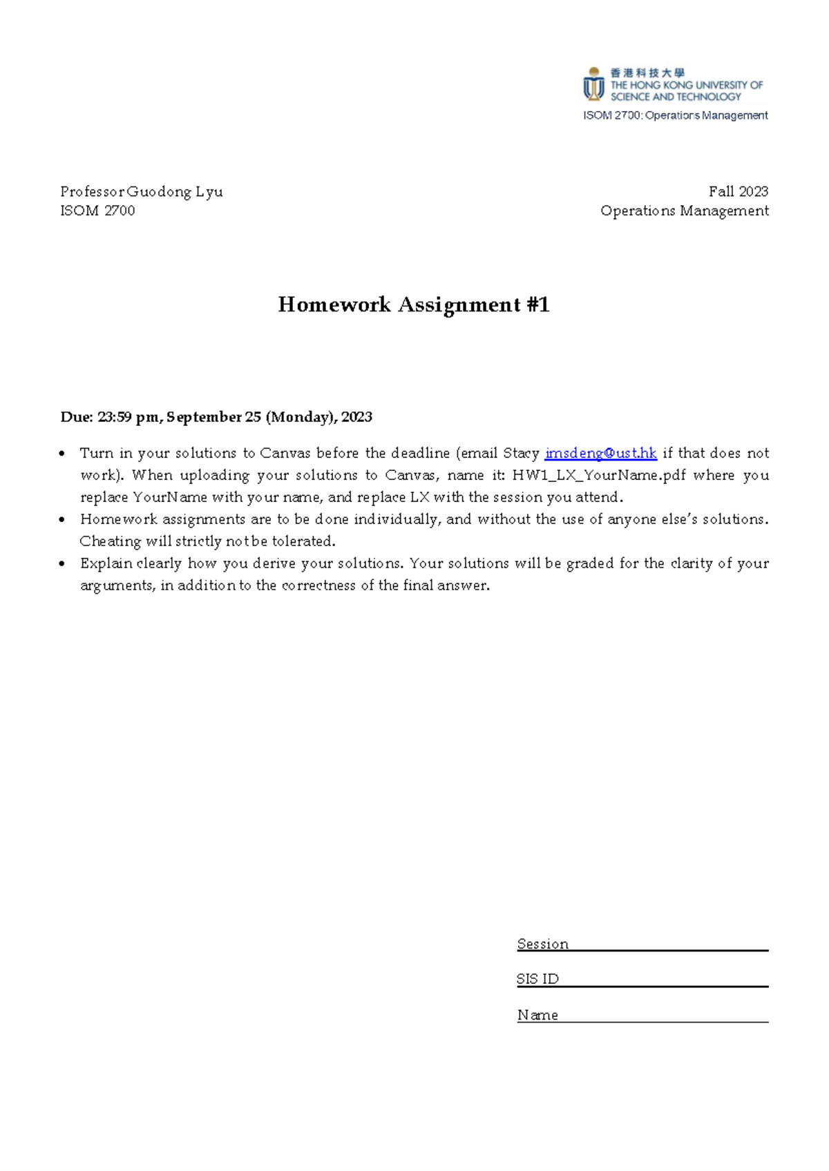 HW1 ISOM 2700 - Fall 2023 Operations Management Assignment - Studocu
