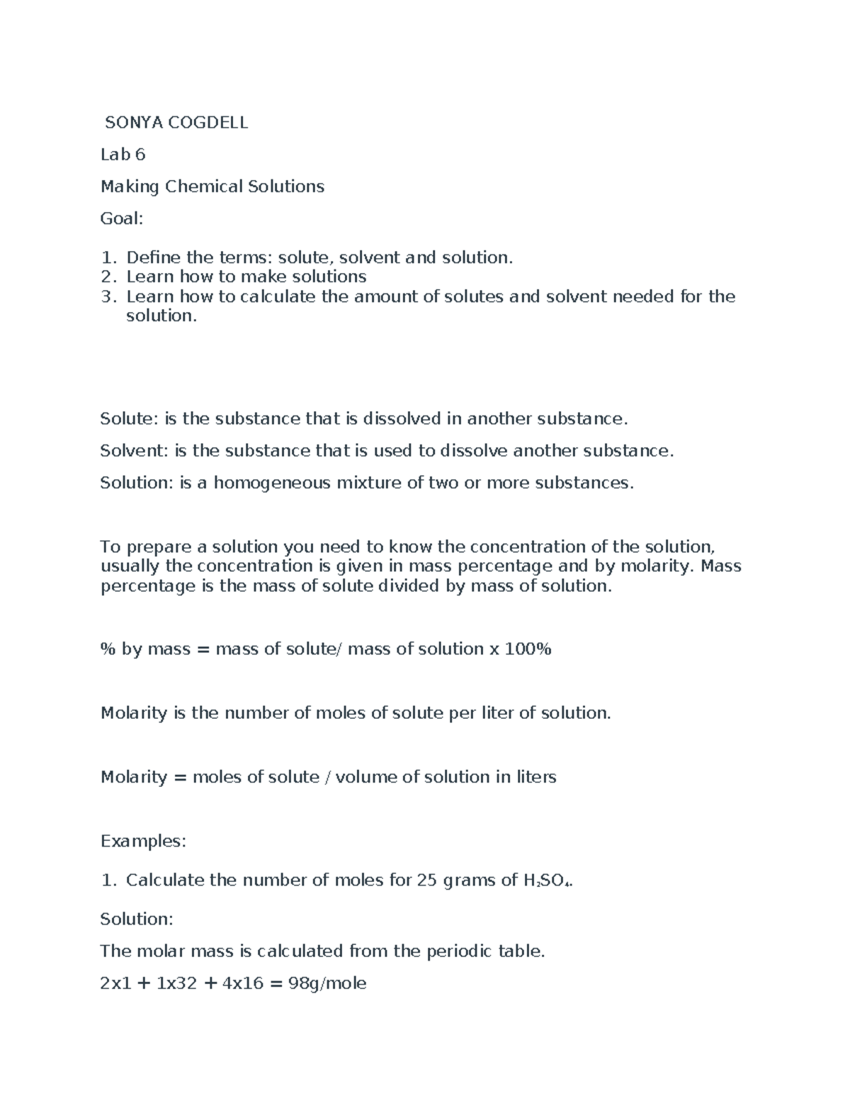 LAB 6 - Lecture Notes on Making Chemical Solutions and Calculations ...