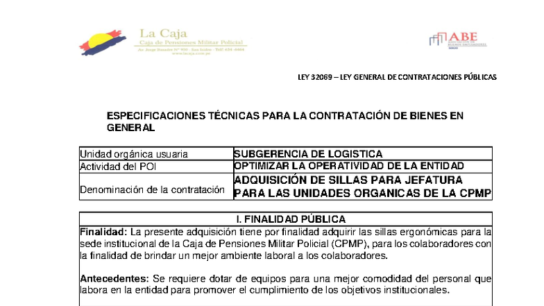 LEY 32069 ESPECIFICACIONES TÉCNICAS PARA LA ADQUISICIÓN DE SILLAS ...
