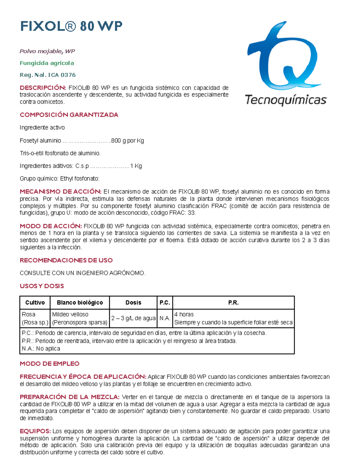 Fungicida FIXOL® 80 WP: Descripción y Modo de Uso para Cultivos - Studocu