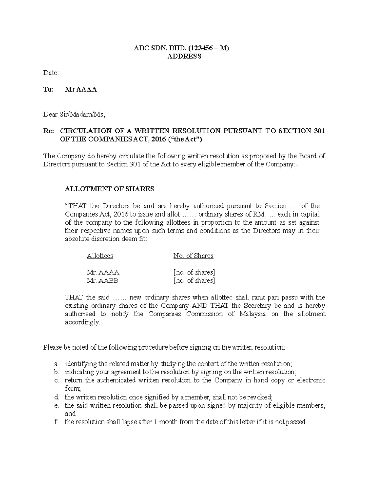 SEC 301 Circular Written Resolution - ABC SDN. BHD. (123456 – M ...