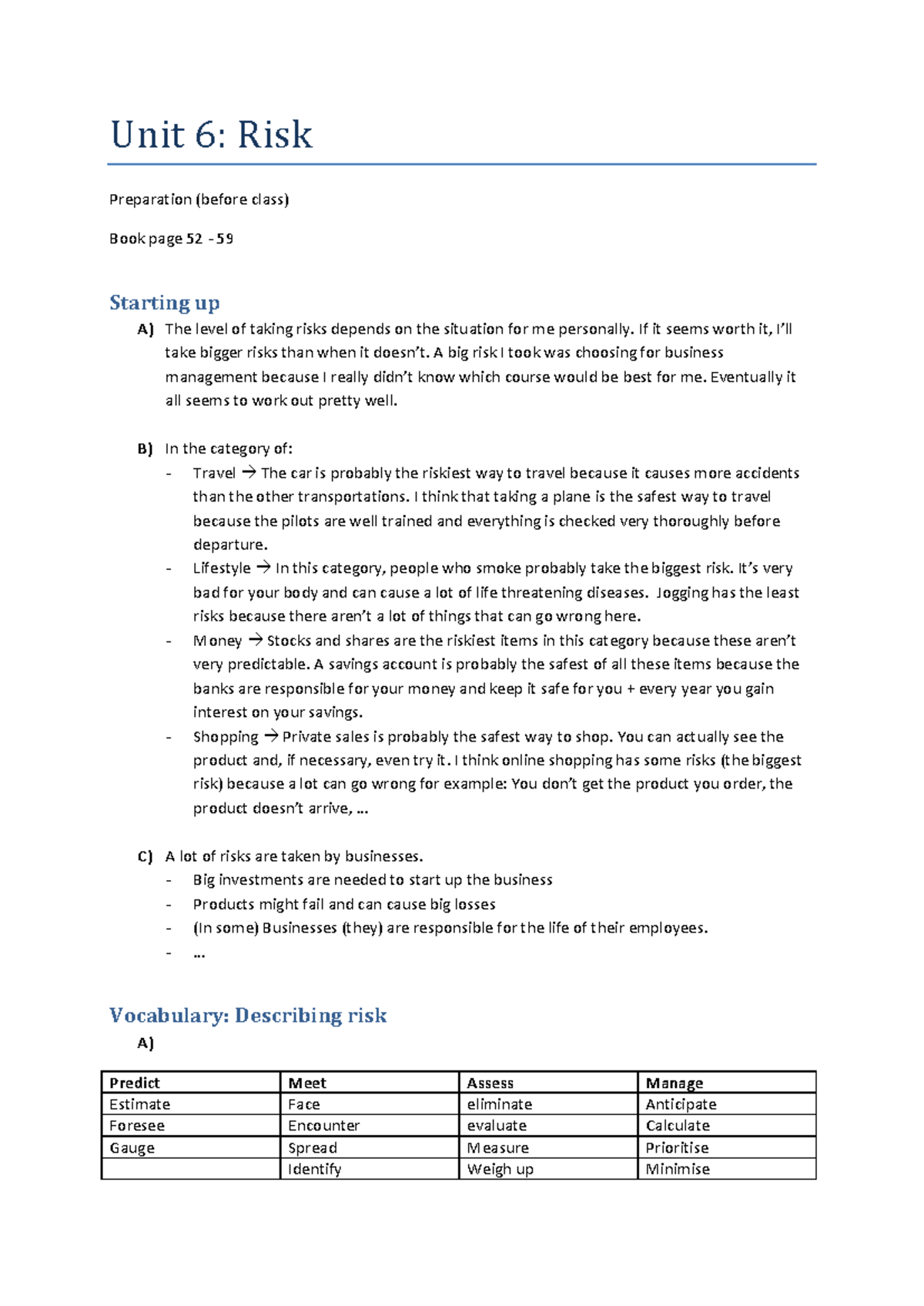 311891011 Unit 6 Risk Preparation Guide for Class - Studocu