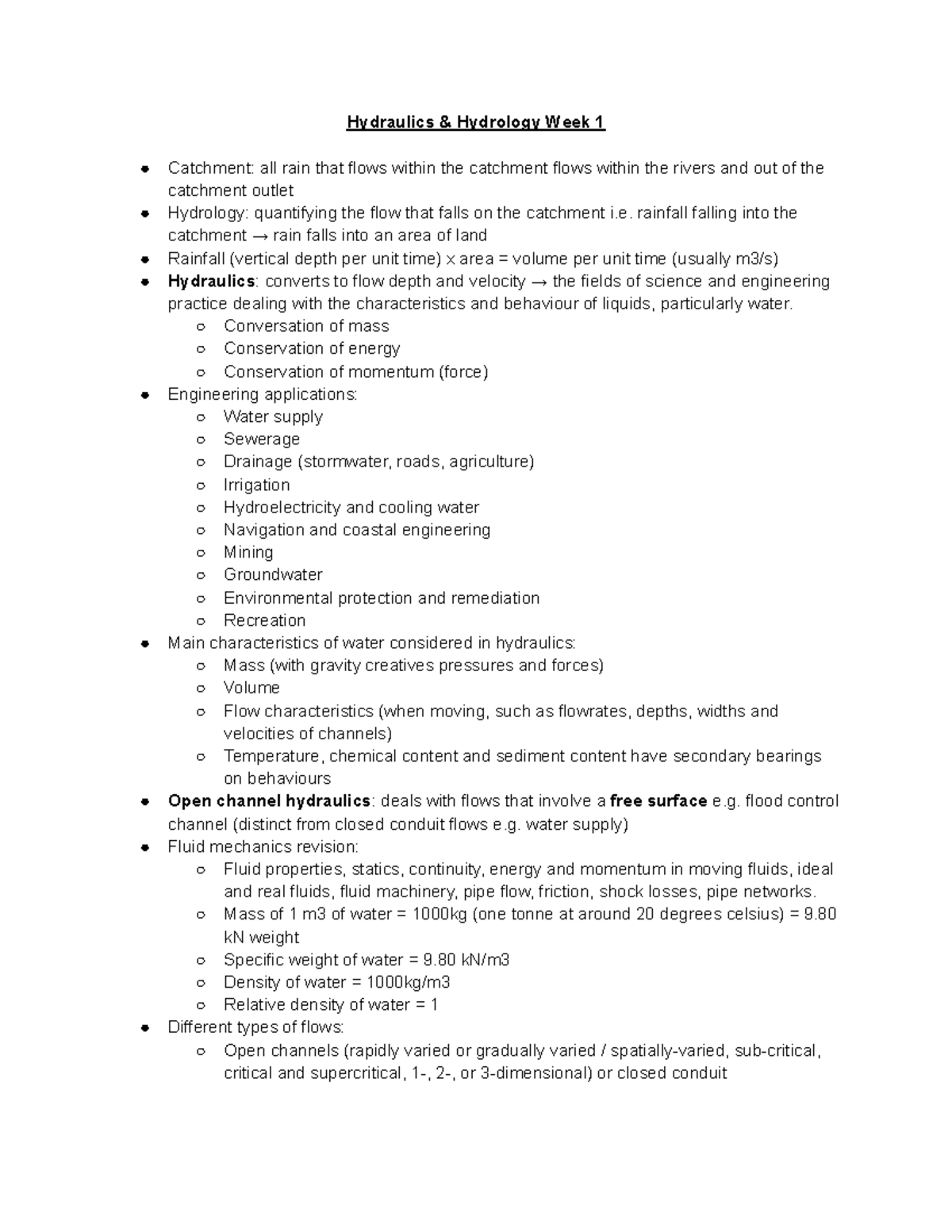 Hydraulics & Hydrology Week 1 - Hydraulics & Hydrology Week 1 Catchment ...