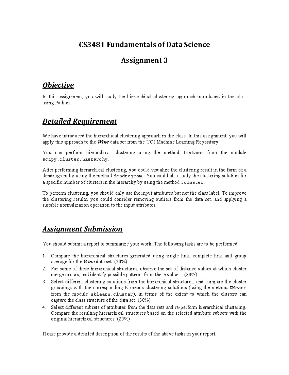 CS3481 Hierarchical Clustering Assignment 3: Wine Data Analysis - Studocu