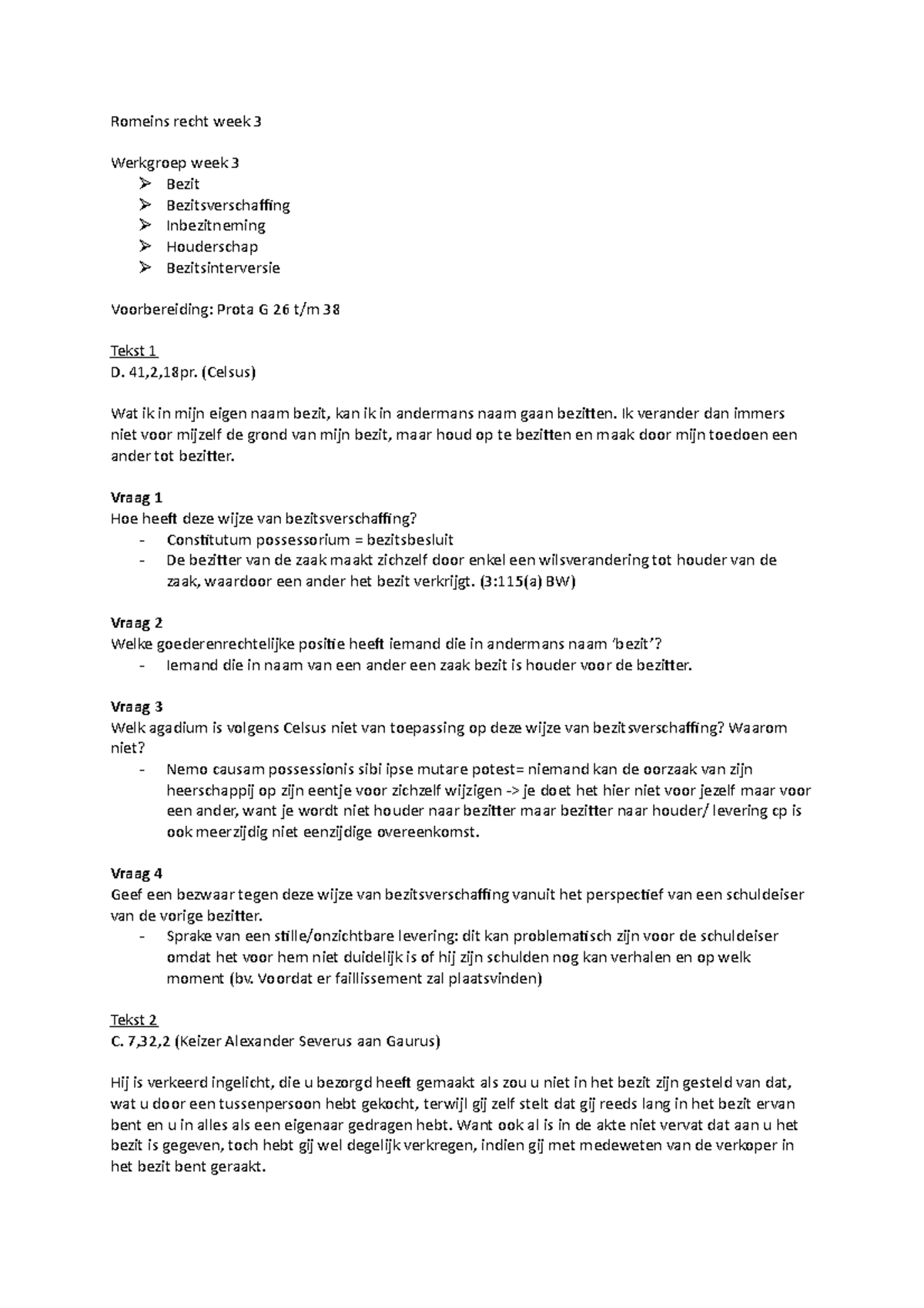 Romeins Recht Werkgroep 3: Bezit en Bezitsverschaffing Analyse ...