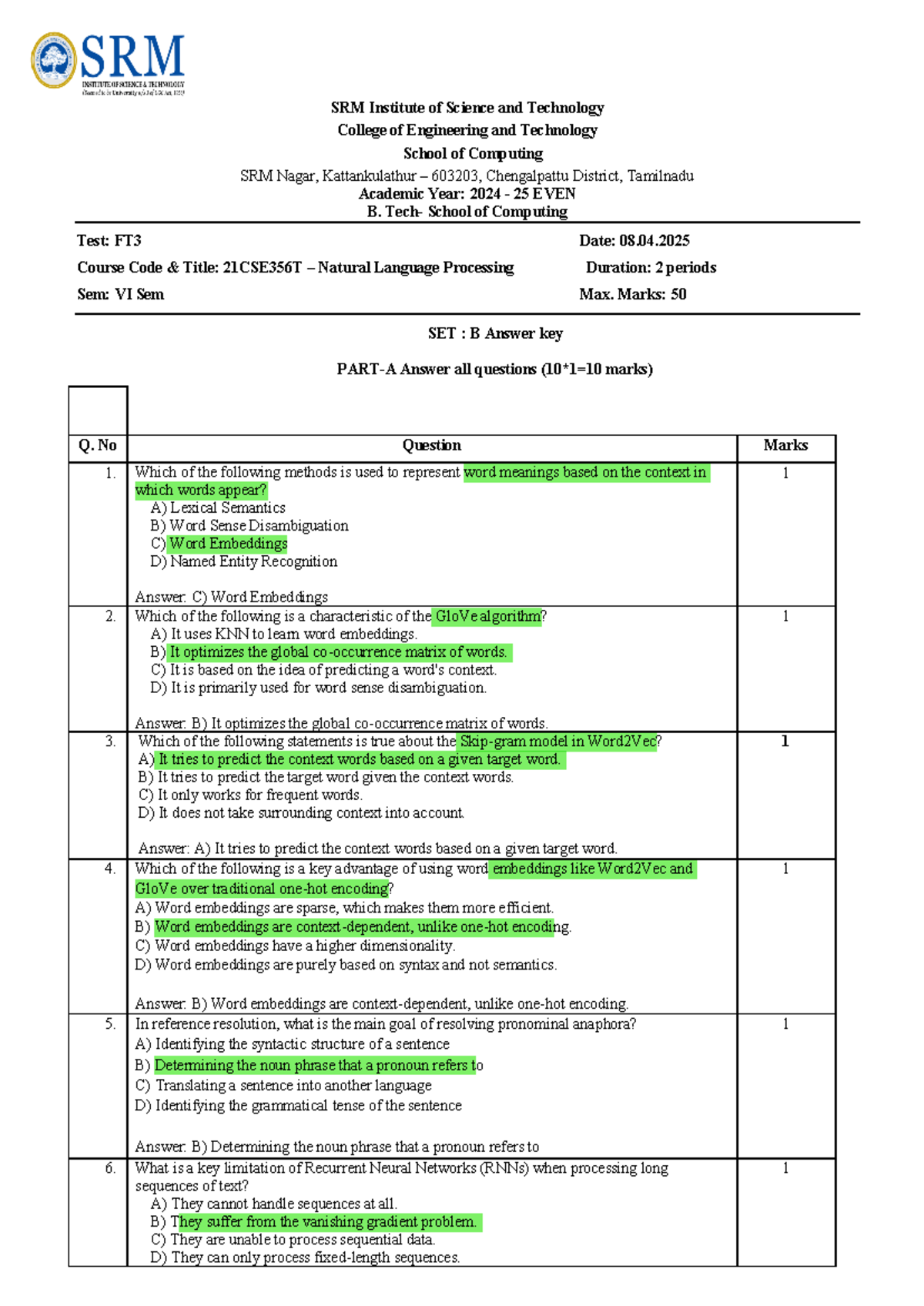 NLP CT2 Set B Answer Key for 21CSE356T Natural Language Processing ...