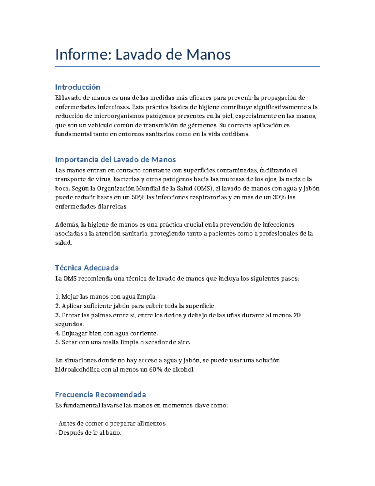 Informe: Importancia y Técnica del Lavado de Manos en Salud Pública ...