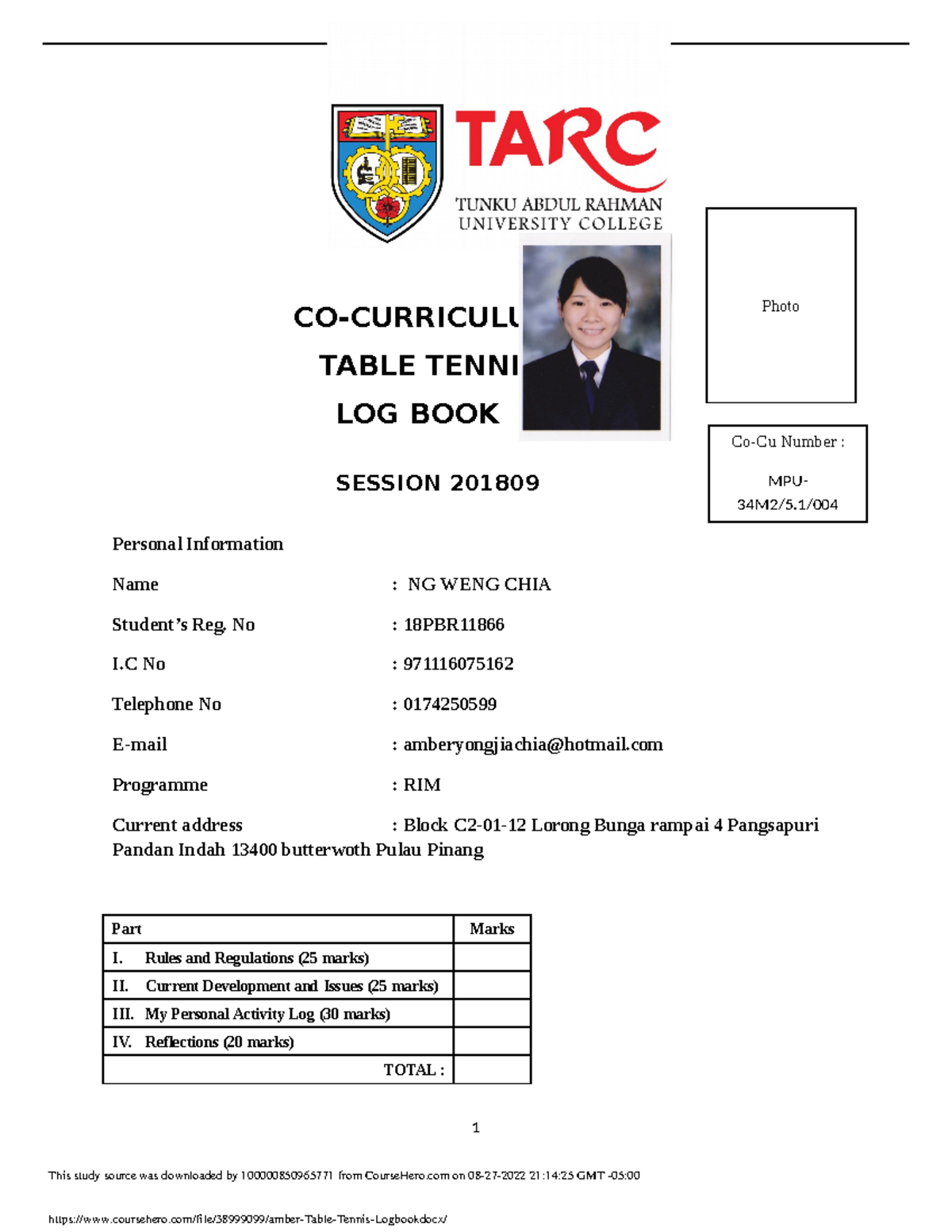 Amber Table Tennis Logbook - CO-CURRICULUM TABLE TENNIS LOG BOOK ...