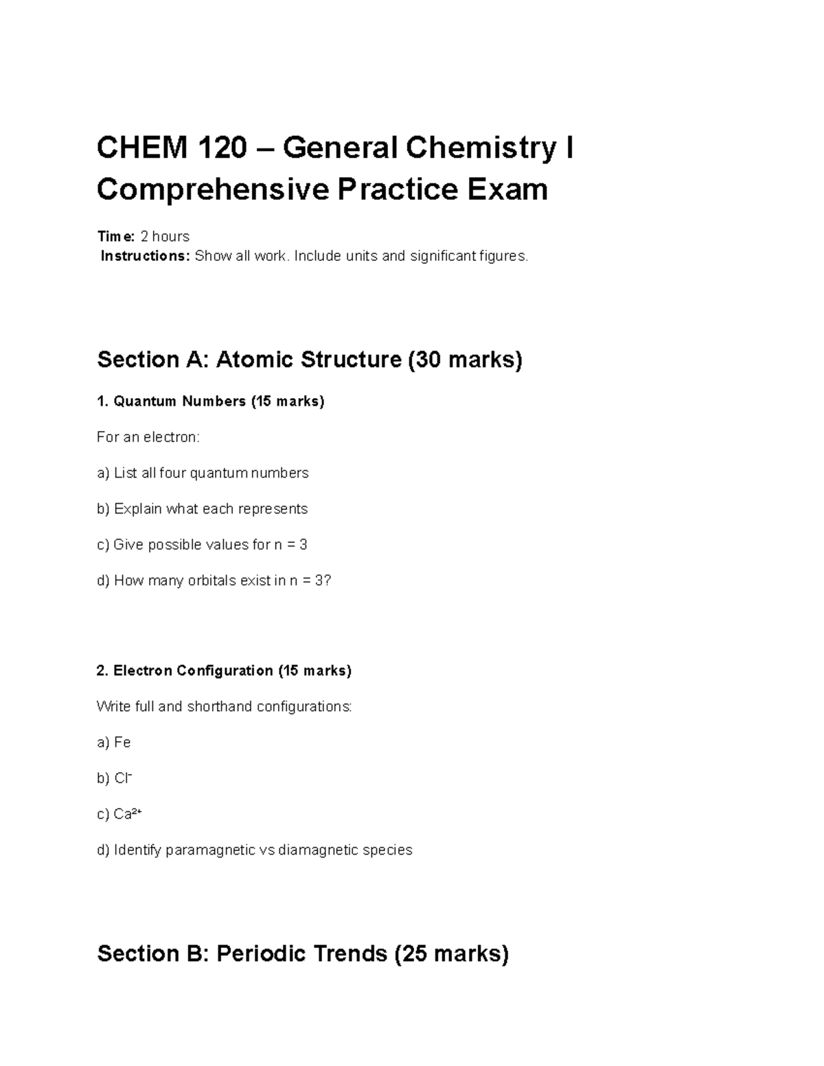 321CHEM 120 General Chemistry I Comprehensive Practice Exam Review ...