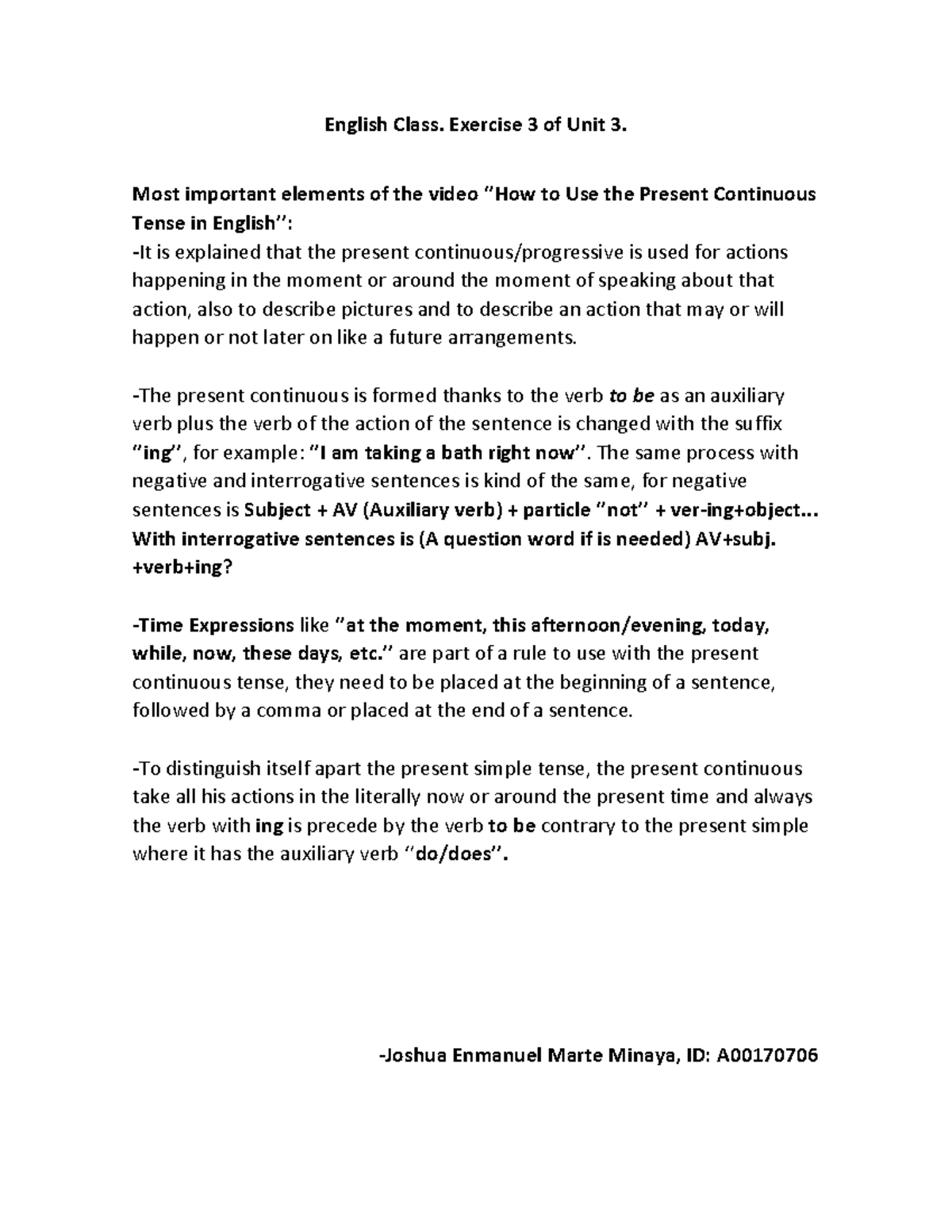 ENG 101: Present Continuous Tense - Unit 3 Exercise 3 Notes - Studocu