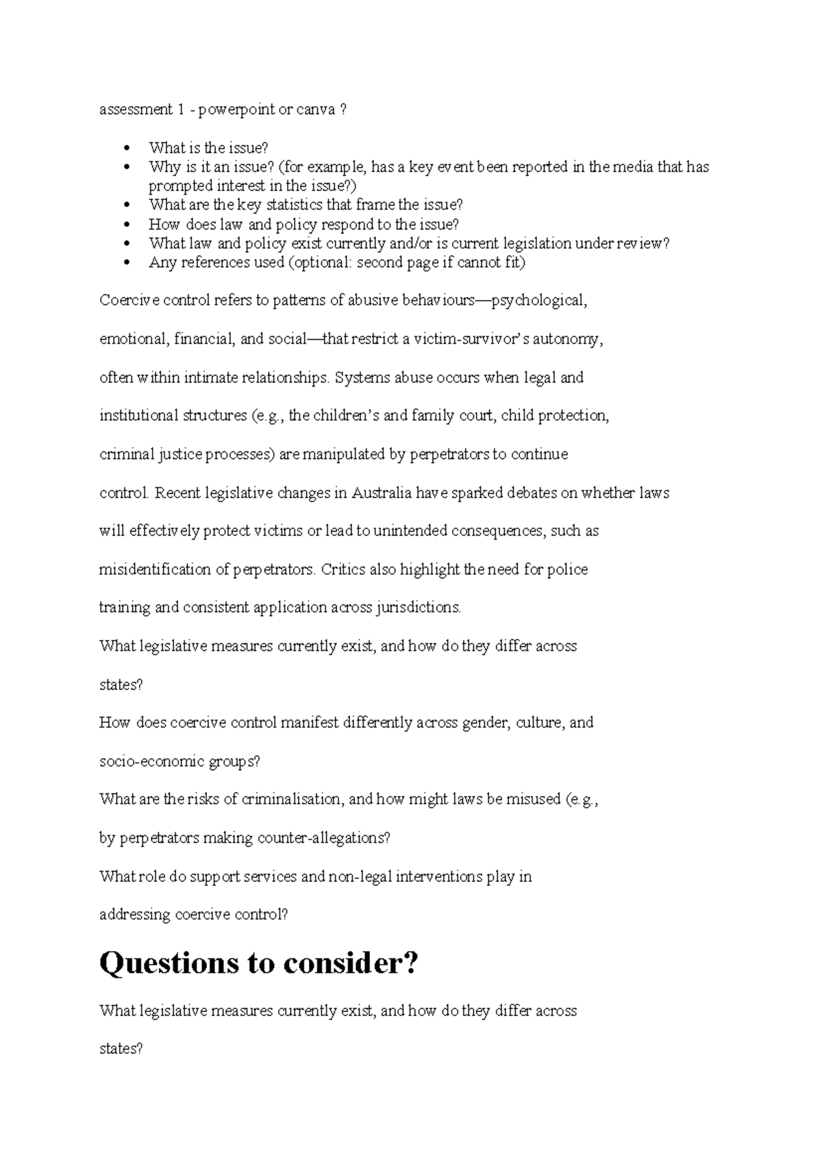LCR3001: Coercive Control and Legislative Responses - Assessment 1 ...