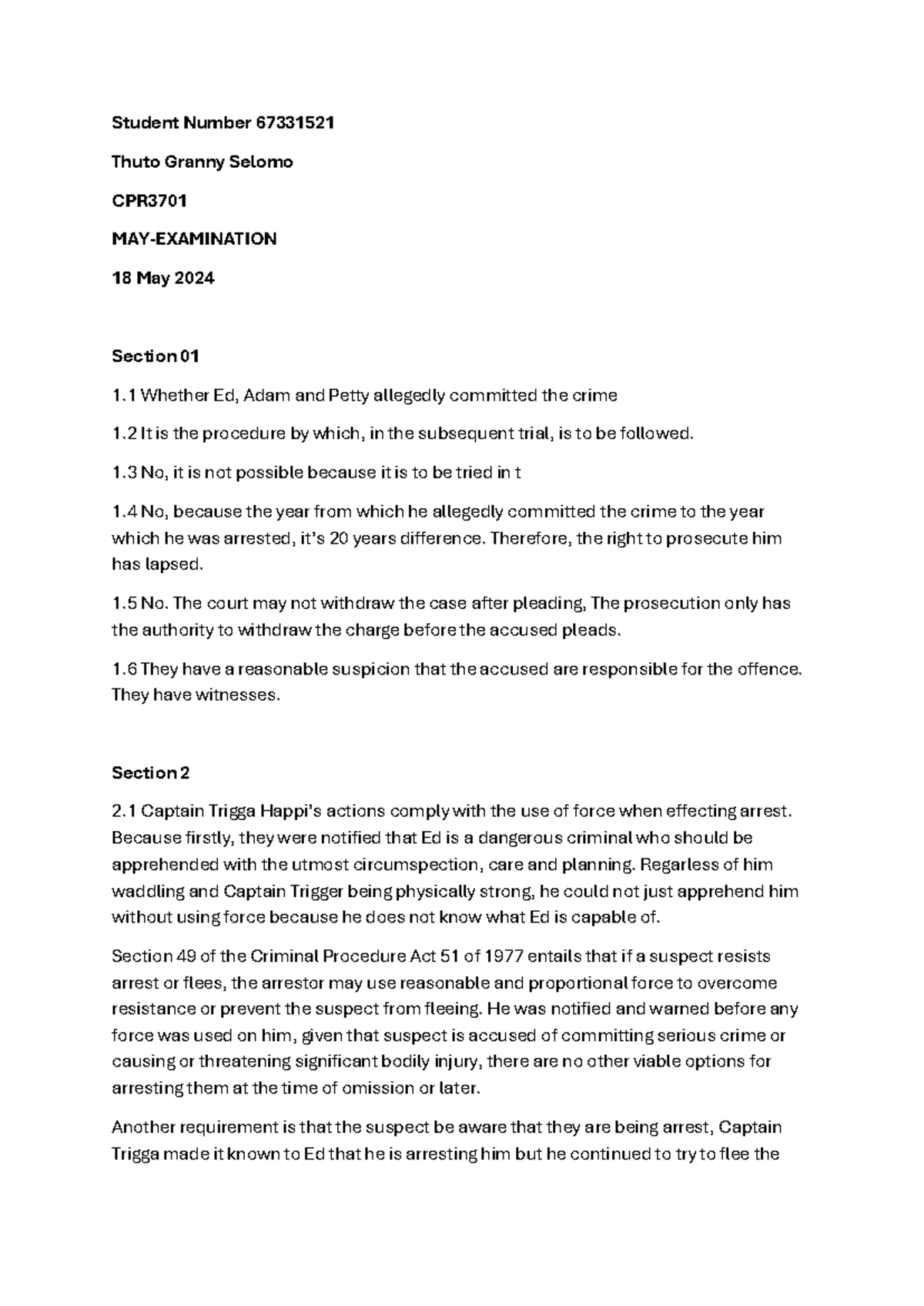 CPR3701 Final Exam Analysis: Criminal Procedure Insights - Studocu