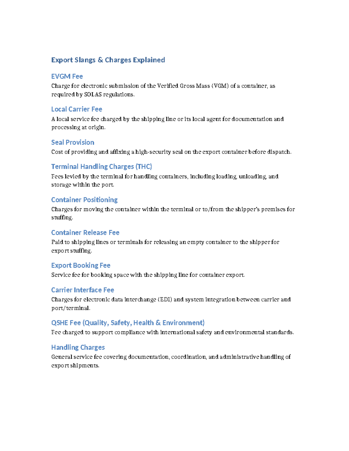 Export Slangs and Charges Explained for Shipping Fees - Studocu