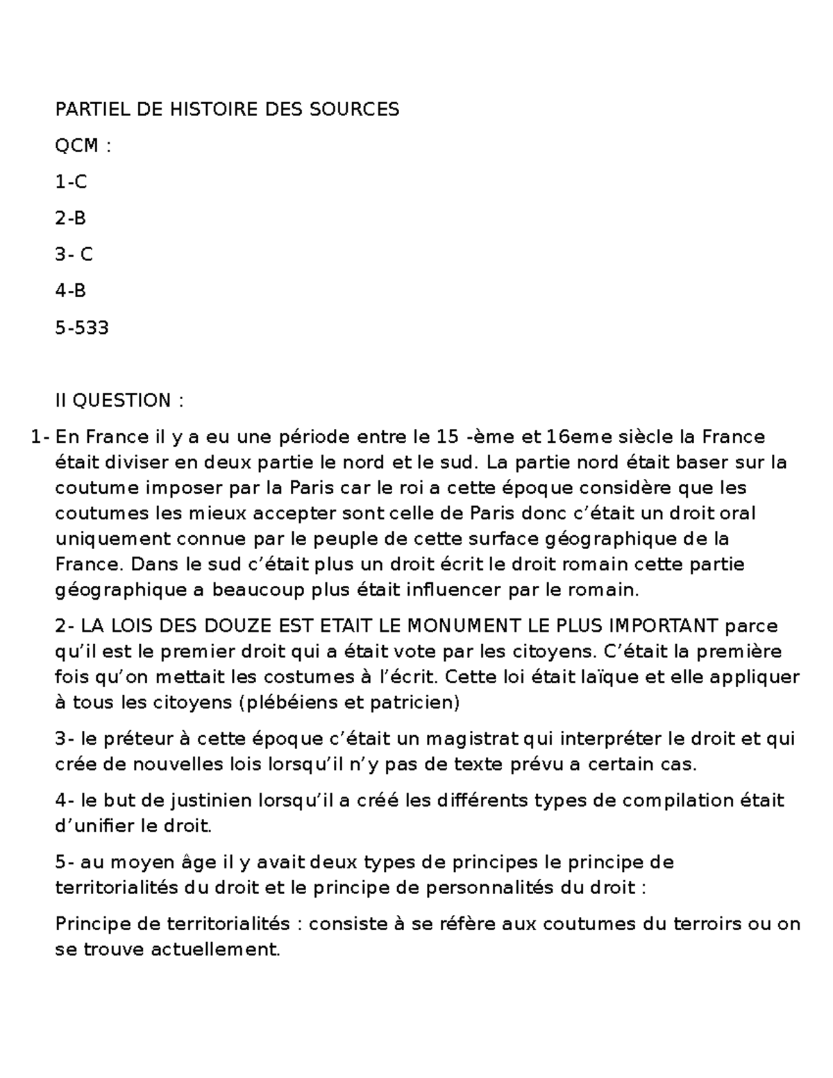 PARTIEL D'HISTOIRE DES SOURCES QCM : Évolution du Droit en France - Studocu