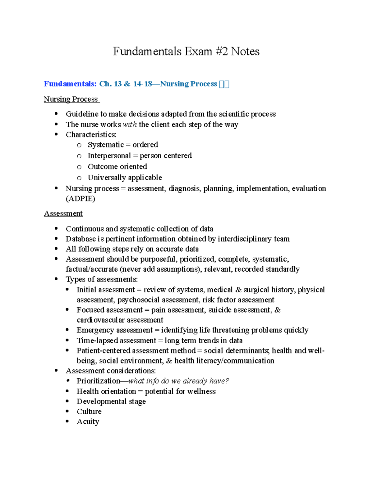 NURS 201: Fundamentals Exam #2 Study Notes on Nursing Process & Care ...