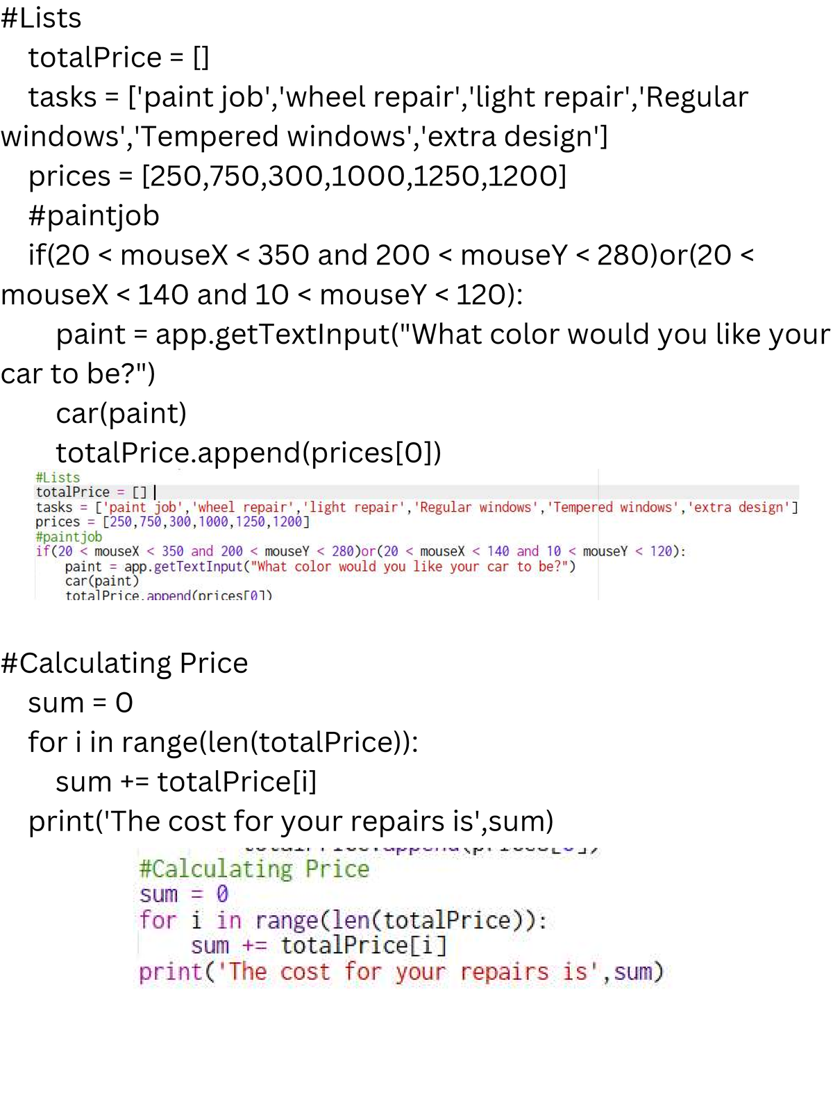 Create Task Assignment - #Lists totalPrice = [] tasks = ['paint job ...