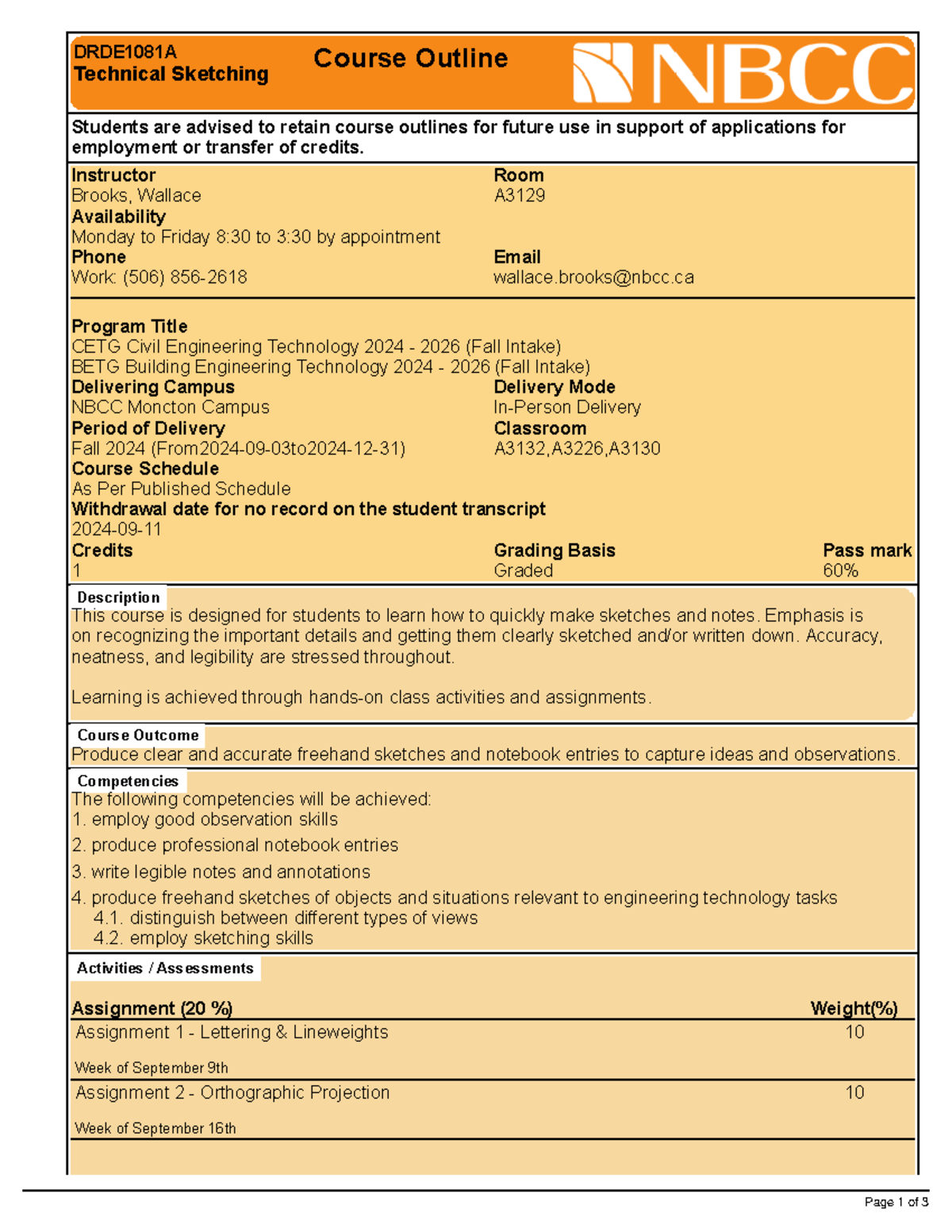 DRDE1081A Course Outline: Technical Sketching Overview for 2024-2026 ...