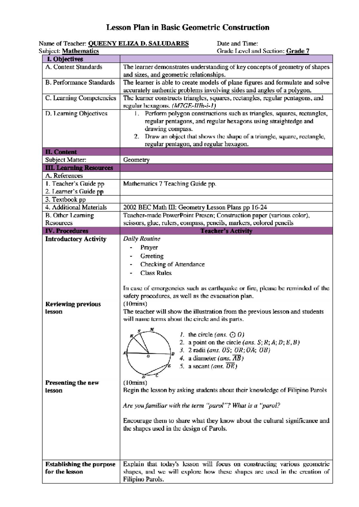 Lesson Plan: Basic Geometric Construction for Grade 7 Math (MATH 7 ...