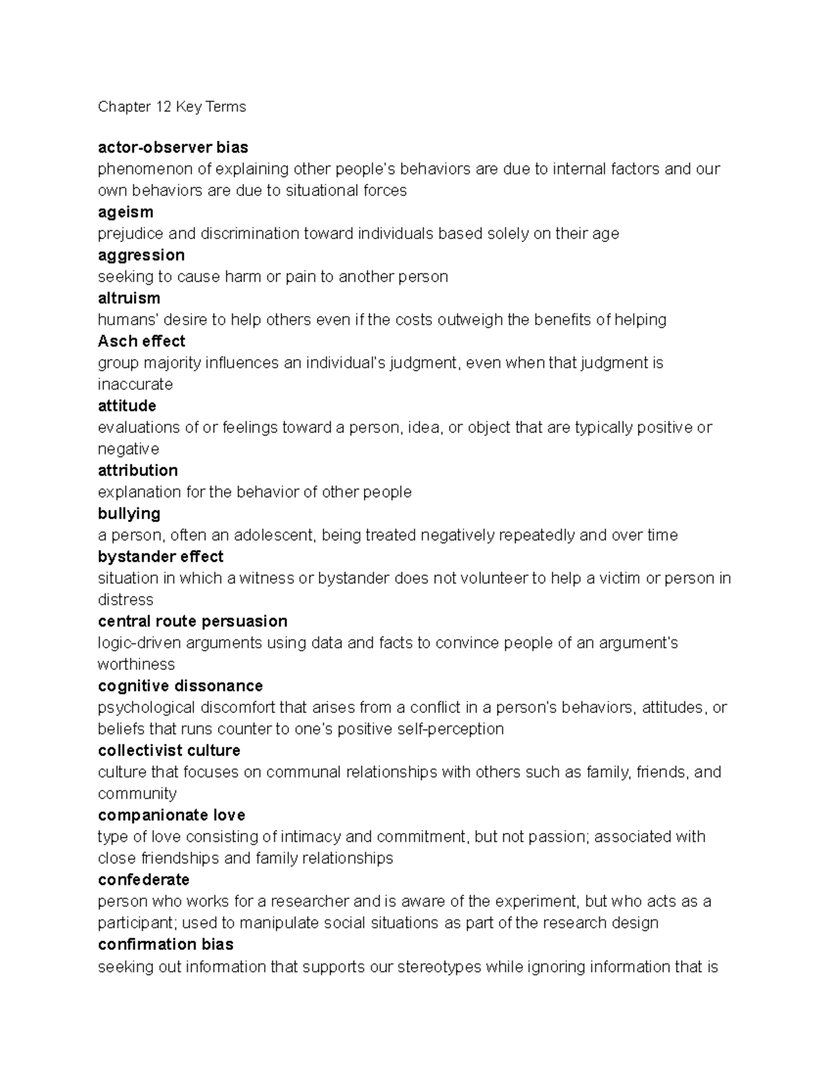 Chapter 12 Key Terms Review for Social Psychology (PSY 101) - Studocu