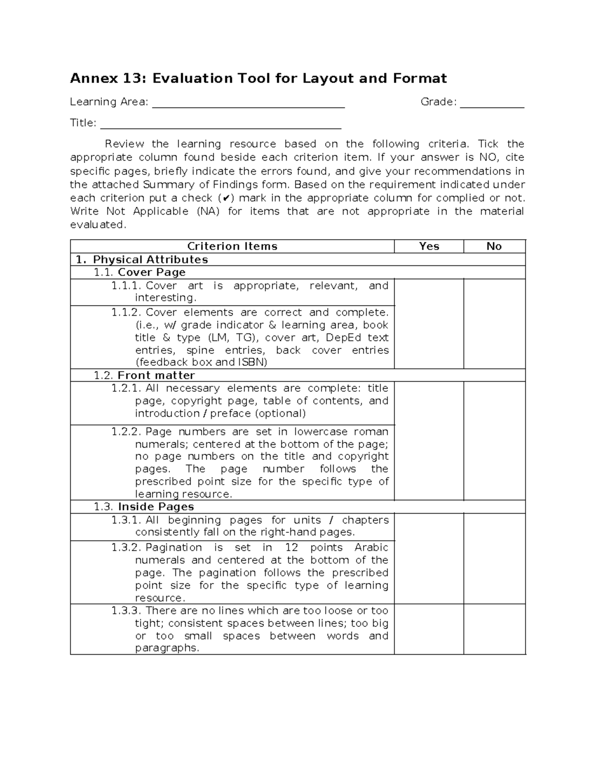 Annex 13: Evaluation Tool for Layout & Format - Learning Resource ...