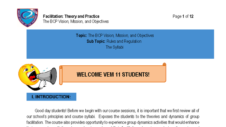 VEM 11: Facilitation Theory & BCP Vision, Mission, Objectives - Studocu