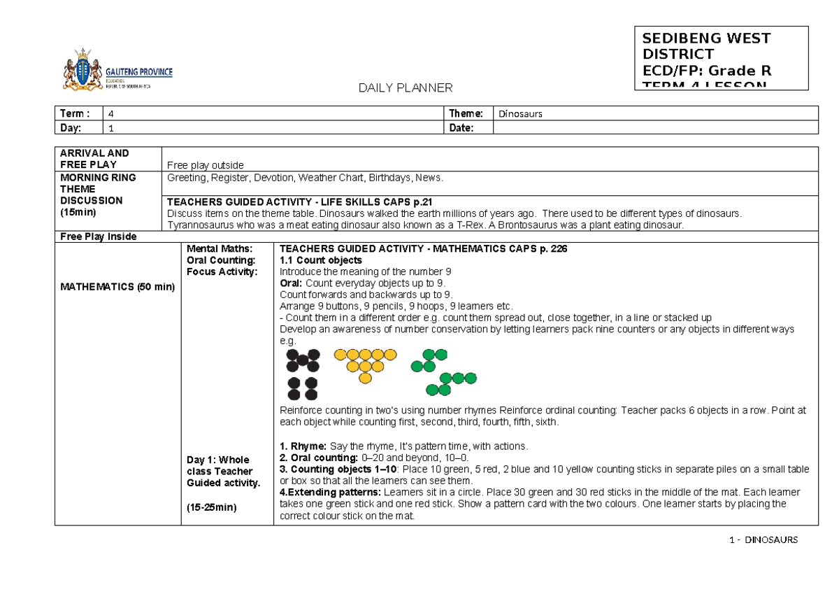 SEDIBENG WEST DISTRICT Grade R TERM 4 LESSON DAILY PLANNER - Dinosaurs ...