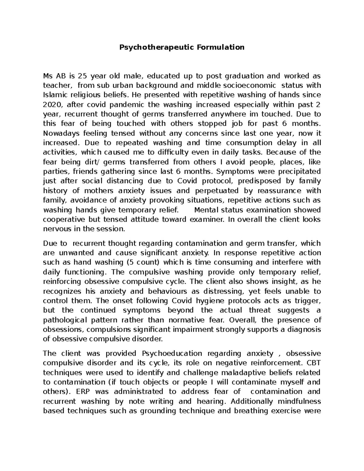 Psychotherapeutic Formulation: OCD Case Study of Ms AB - Studocu