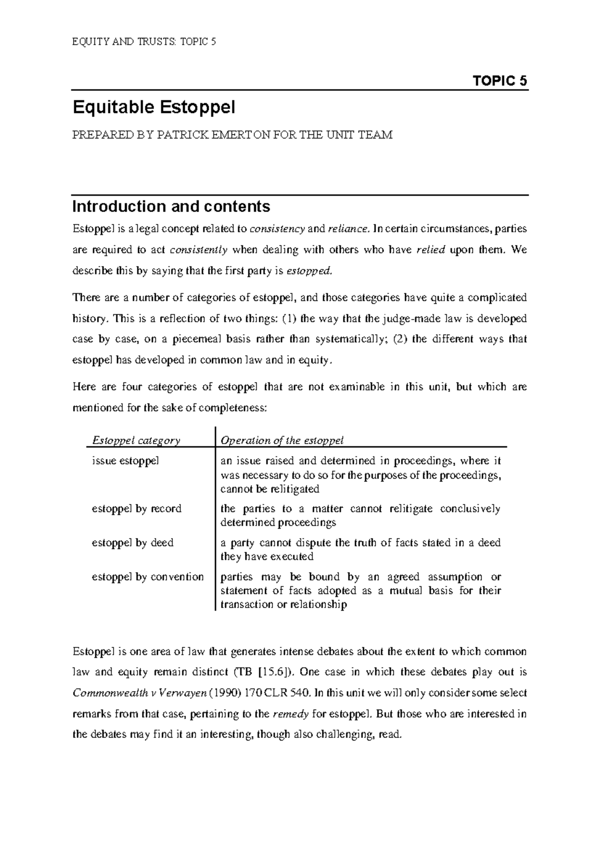 MLL405 Topic 5: Understanding Equitable Estoppel & Its Remedies - Studocu