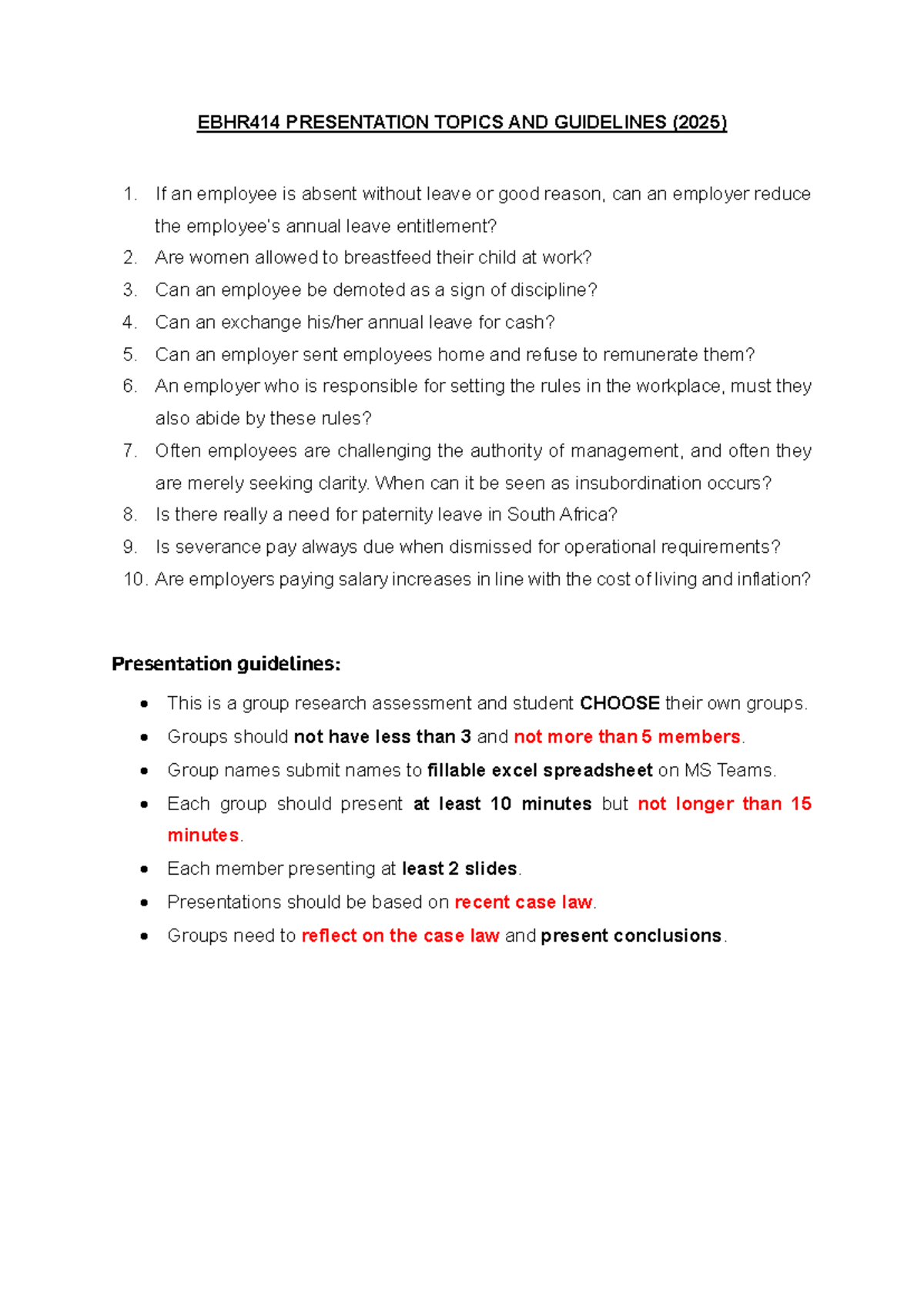 EBHR414 Presentation Topics & Guidelines for 2025 - Studocu
