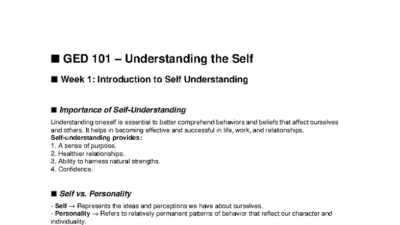 Understanding the self week1 reviewer - n GED 101 – Understanding the ...