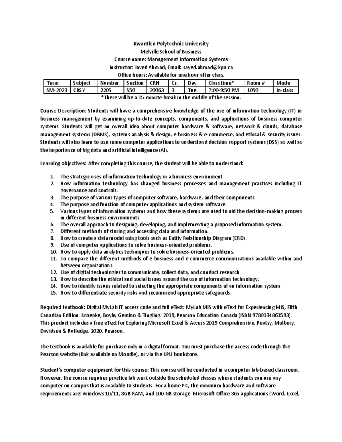 Management Information Systems S50 - Course Syllabus for CBSY 2205 ...