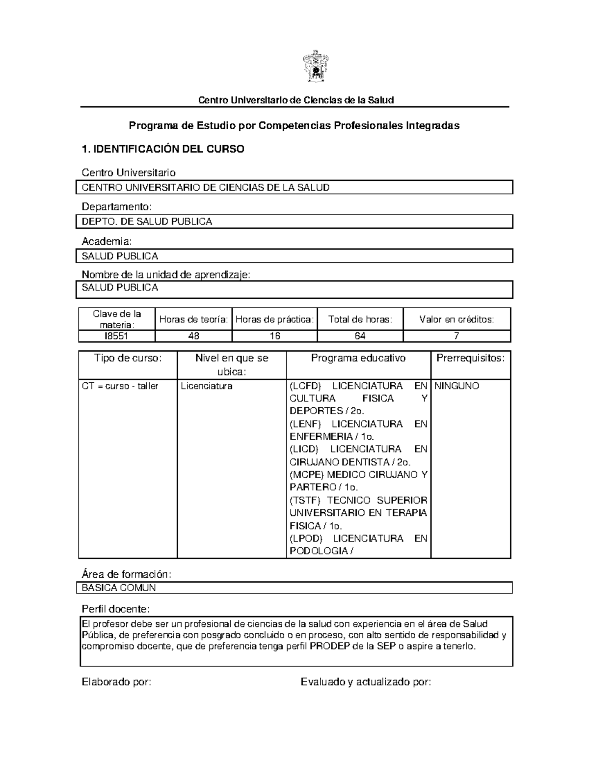 Salud Pública: Programa de Estudio y Competencias I8551 - Studocu