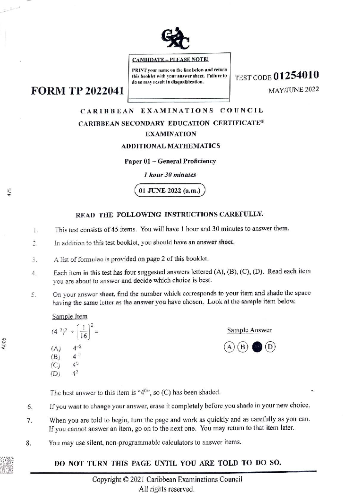 Add Math P1 01254010 June 2022 - CSEC Exam Booklet - Studocu