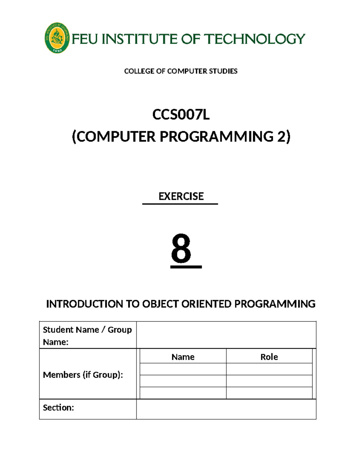 CCS0007 - Lab Exercise 8: Intro to Object Oriented Programming - Studocu
