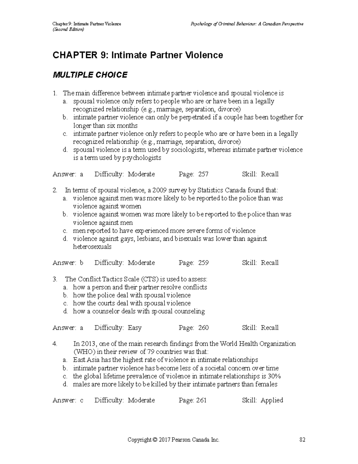 09 SOCI 201 Chapter 9: Intimate Partner Violence MCQs and T/F - Studocu