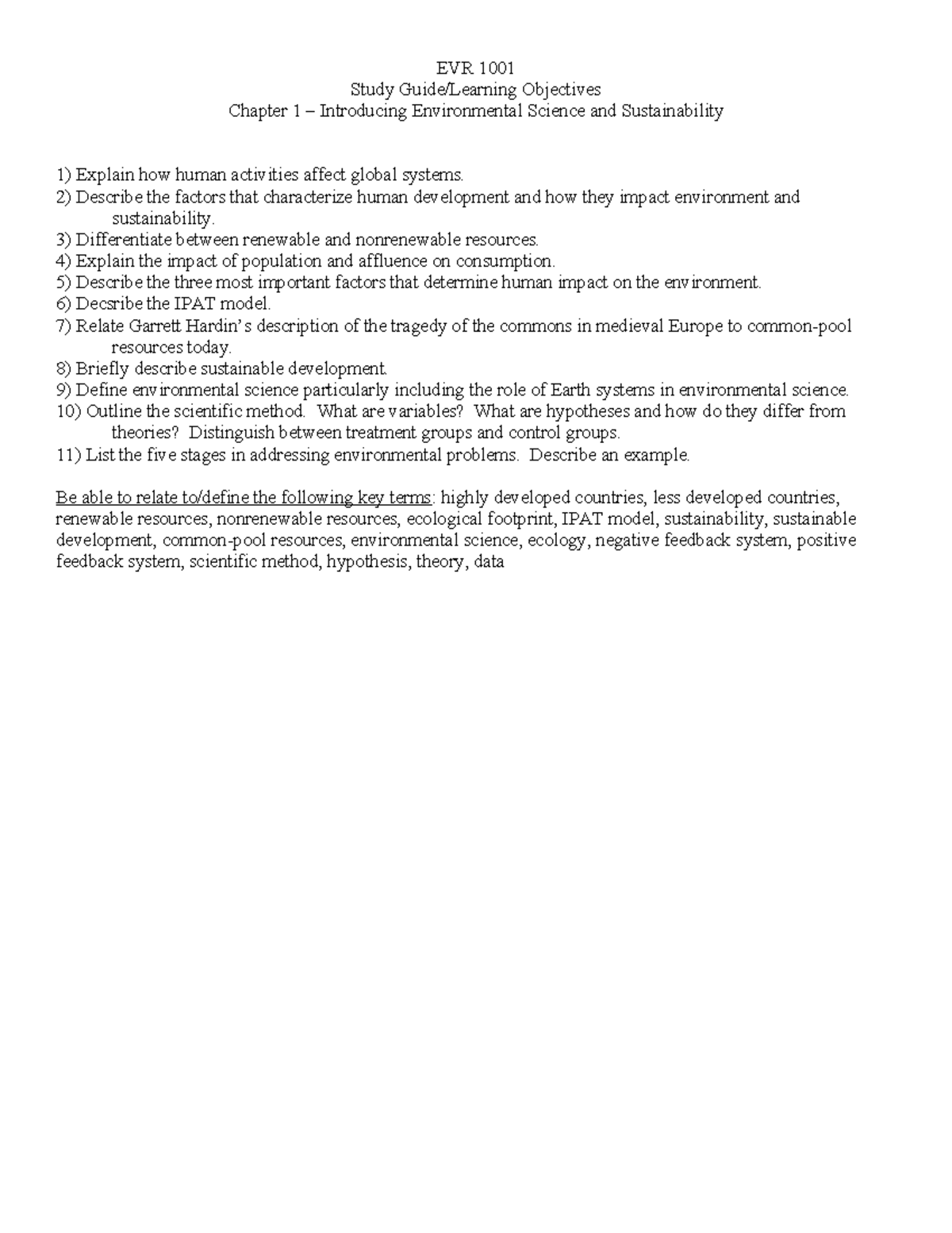 EVR 1001 Study Guide: Chapter 1 - Intro to Environmental Science - Studocu