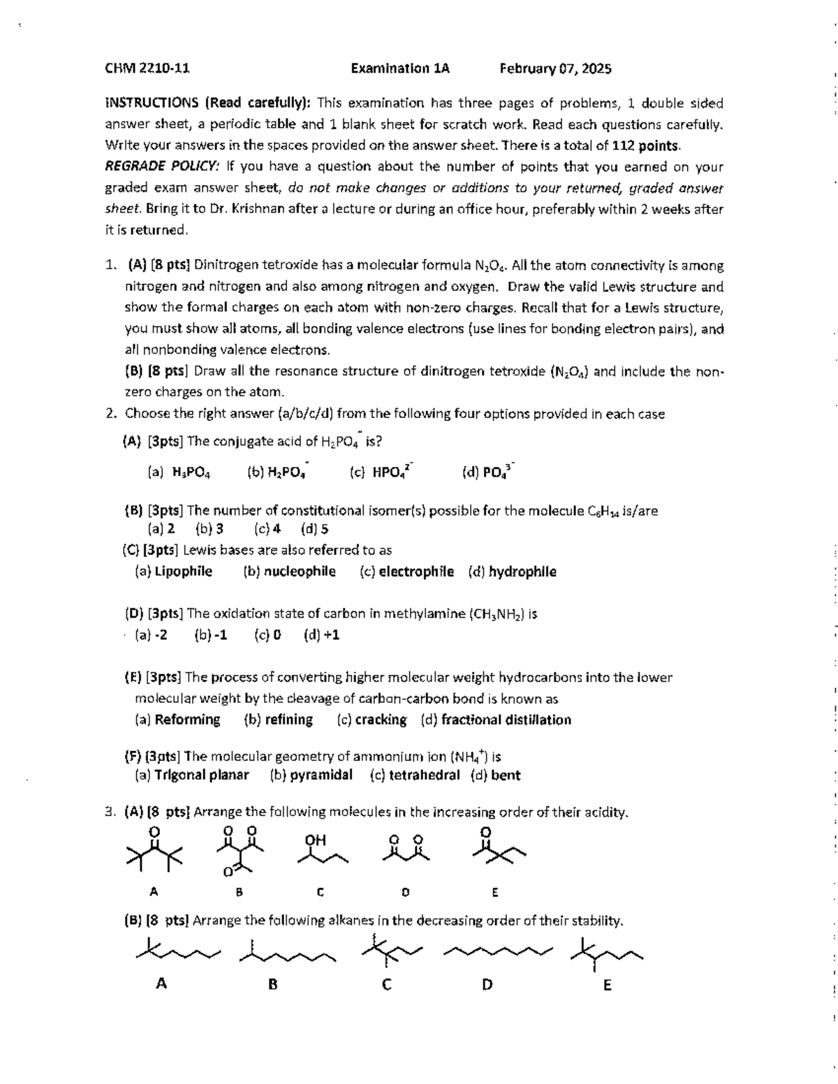 CHM 2210-11 Sp 25 Exam 1 Answer key - CHM Examination 1A February 07 ...