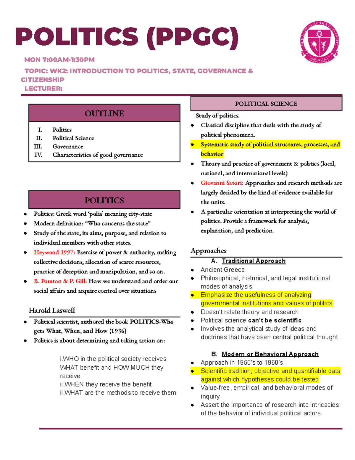 WK2: Intro to Politics & Governance (PPGC) Lecture Notes - Studocu