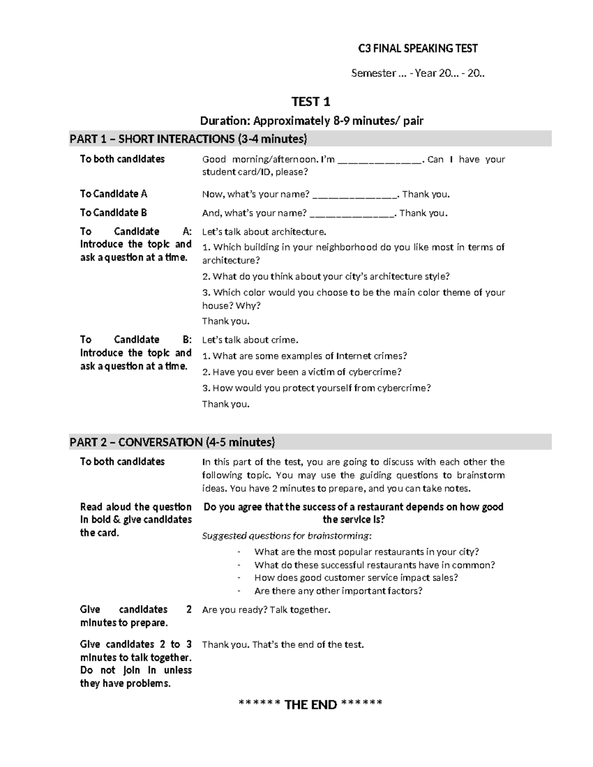 C3 FINAL SPEAKING TEST Sample Questions and Guidelines - Studocu