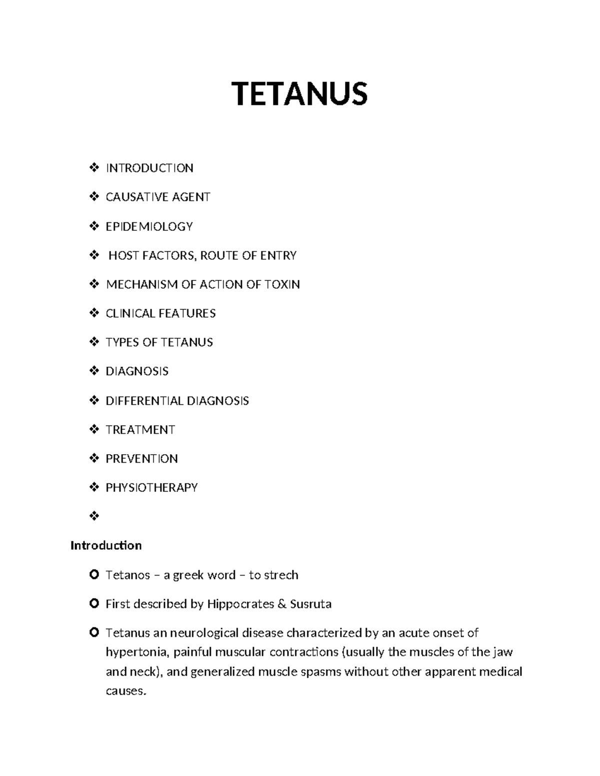 Tetanus New - Practice material - TETANUS INTRODUCTION CAUSATIVE AGENT ...