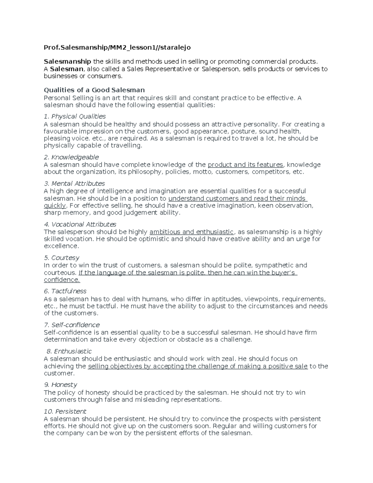 PROF/MM2: Essential Qualities of a Successful Salesman - Studocu