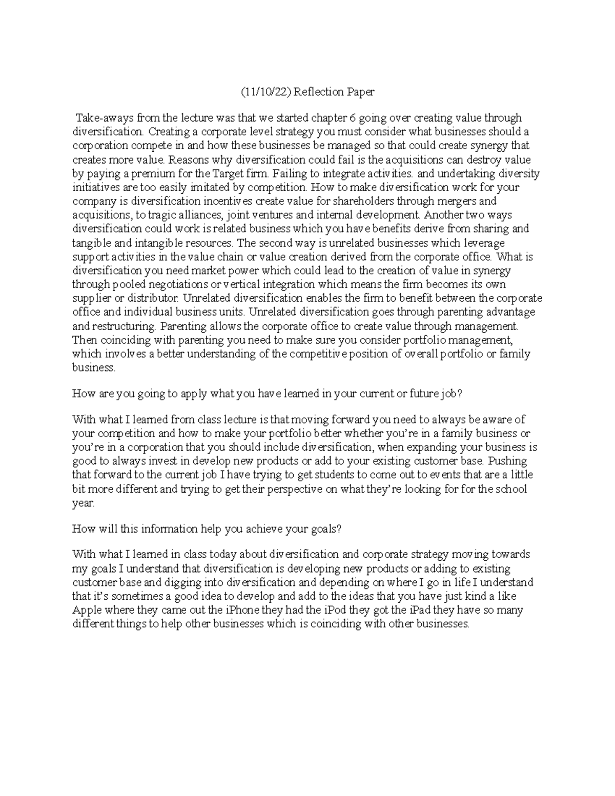 Reflection on Class Work & Key Takeaways from Chapter 6 (11/10/22 ...