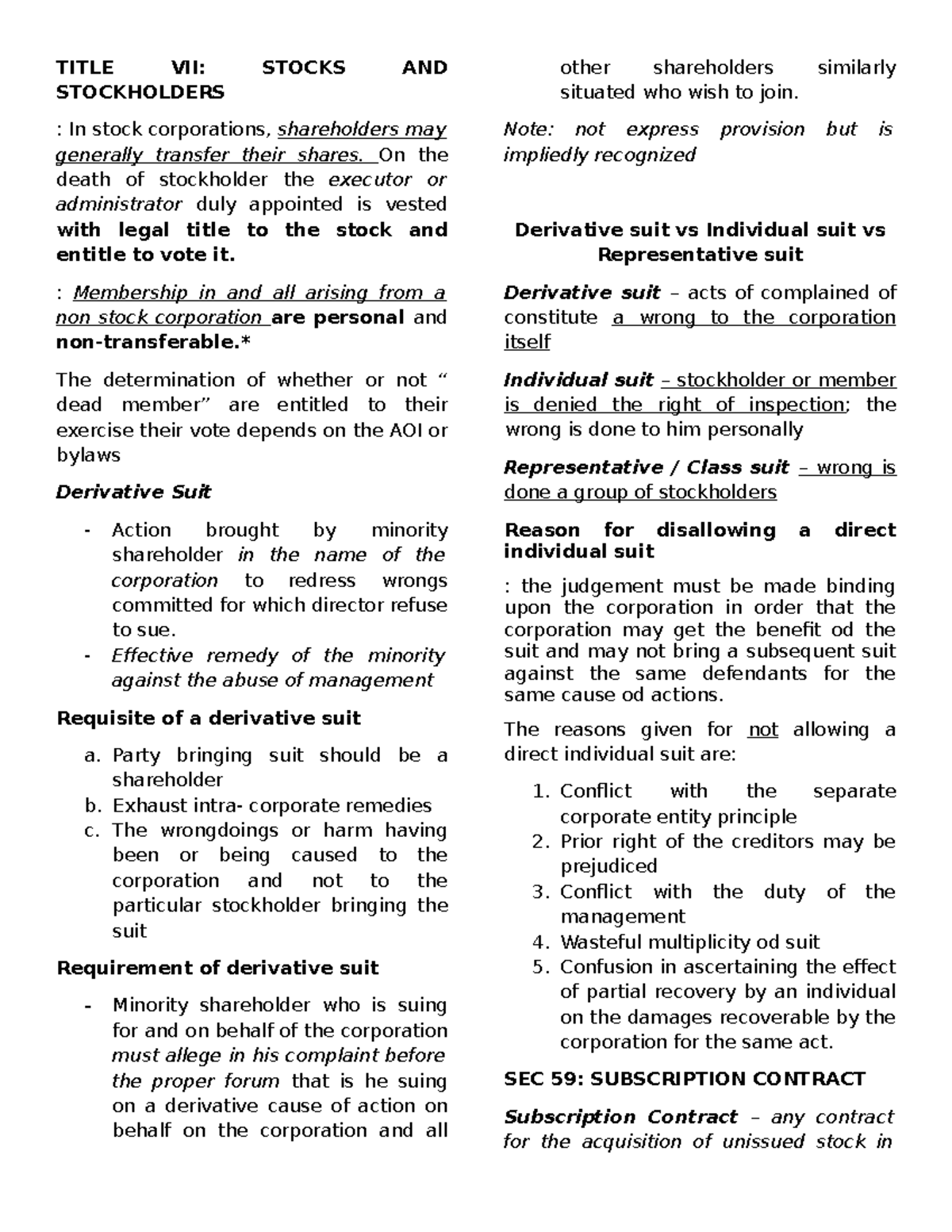 Title VII: Stocks and Stockholders Overview - Notes for Class - Studocu