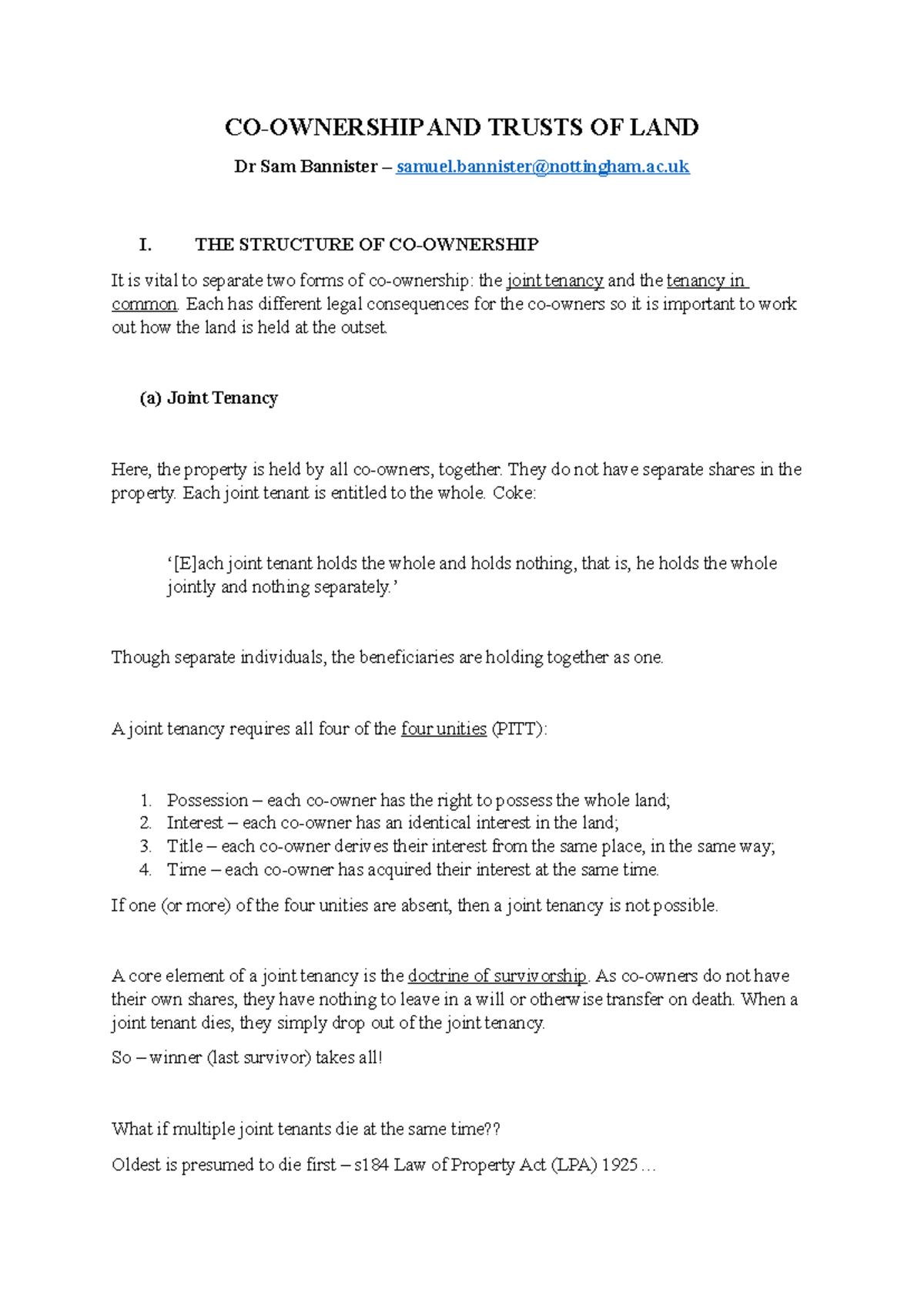 Co-Ownership Lecture Notes 2425: Understanding Tenancy and Trusts - Studocu