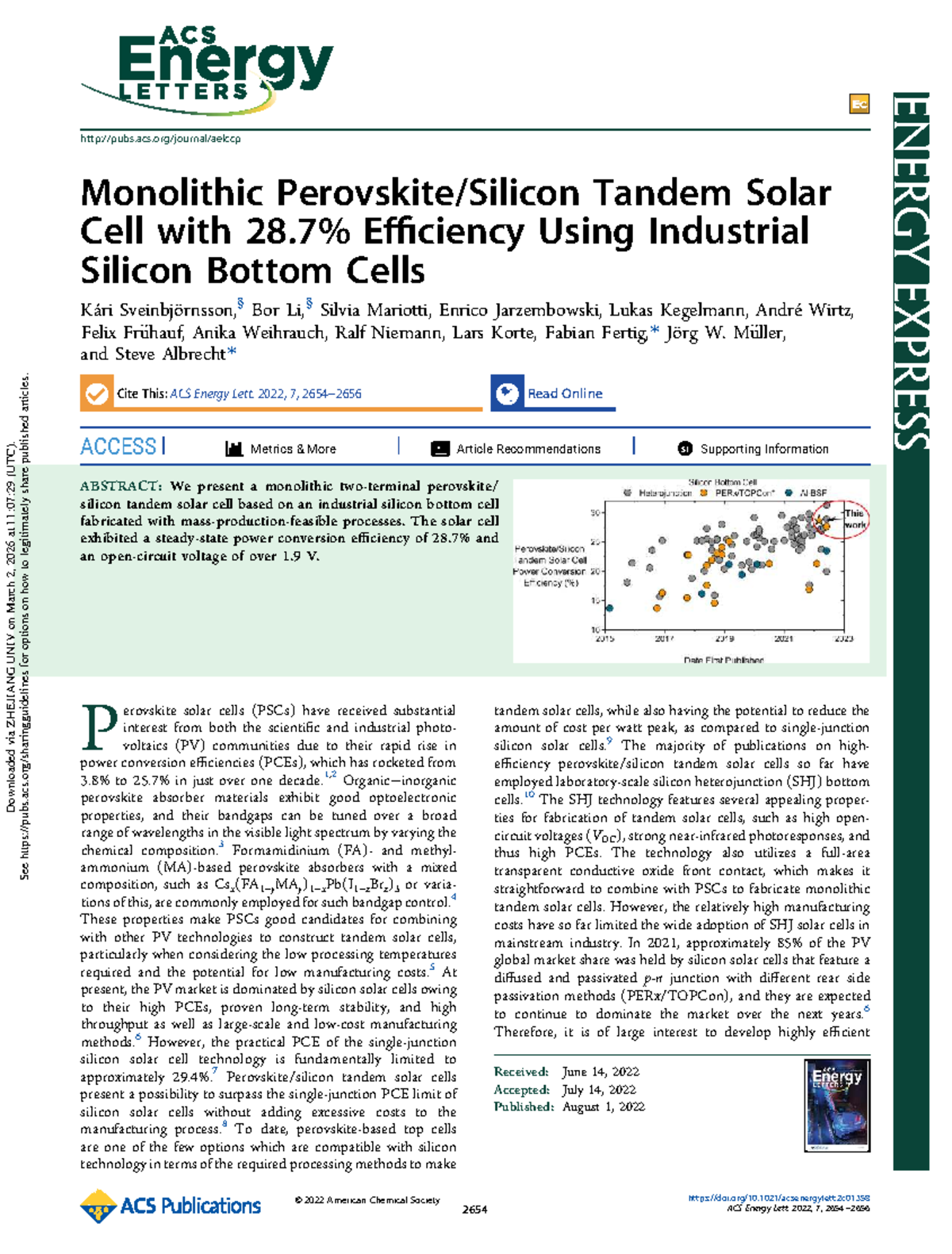 Monolithic Tandem Solar Cell Efficiency Study (ACS Energy Lett. 2022 ...