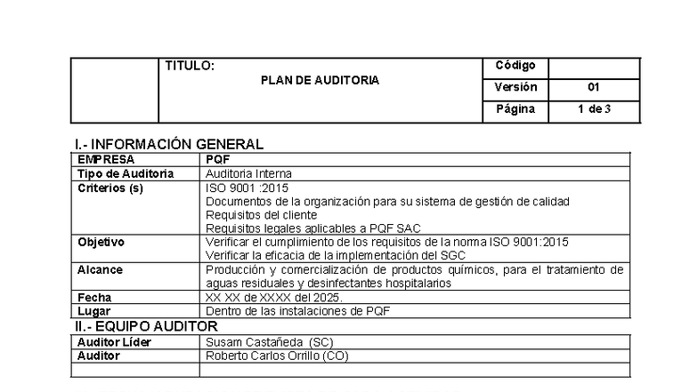 Plan de Auditoría Interna ISO 9001:2015 - Versión 01 - Studocu