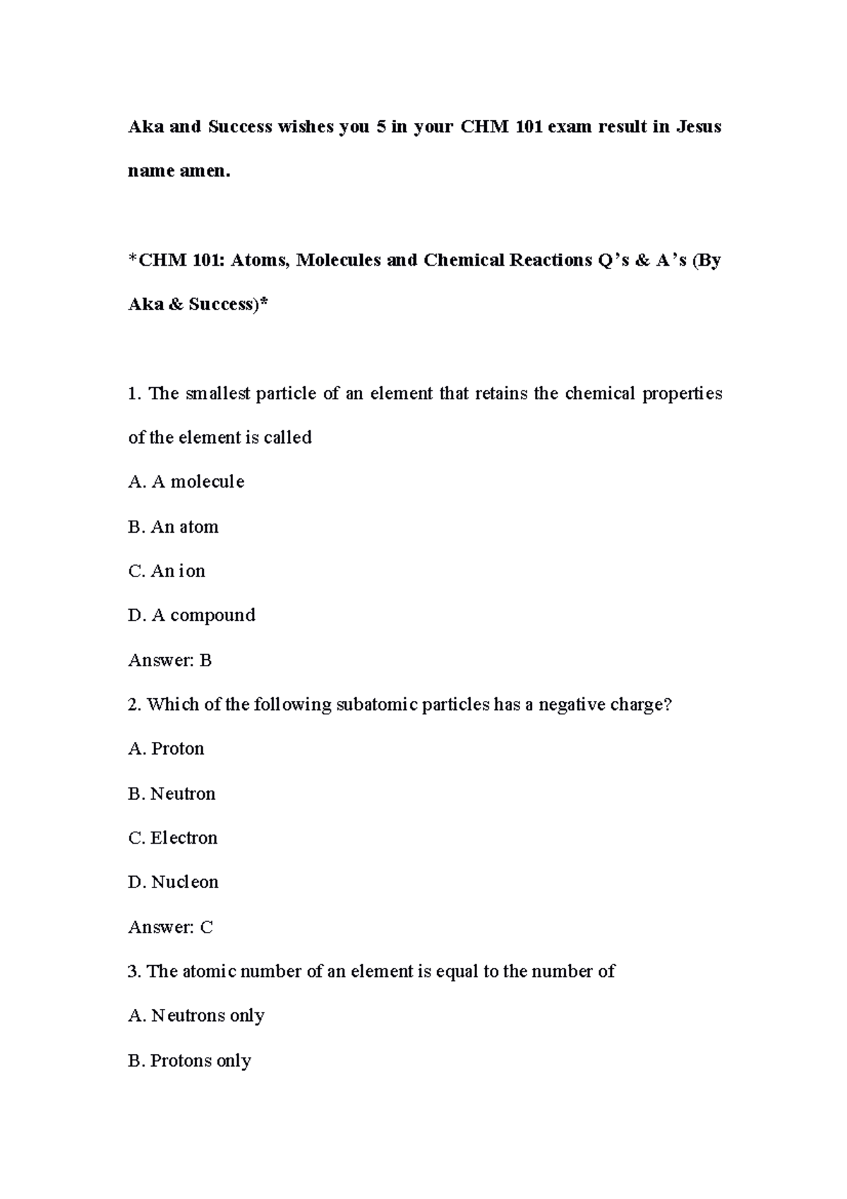 CHM 101: Questions & Answers for Exam Success - Studocu