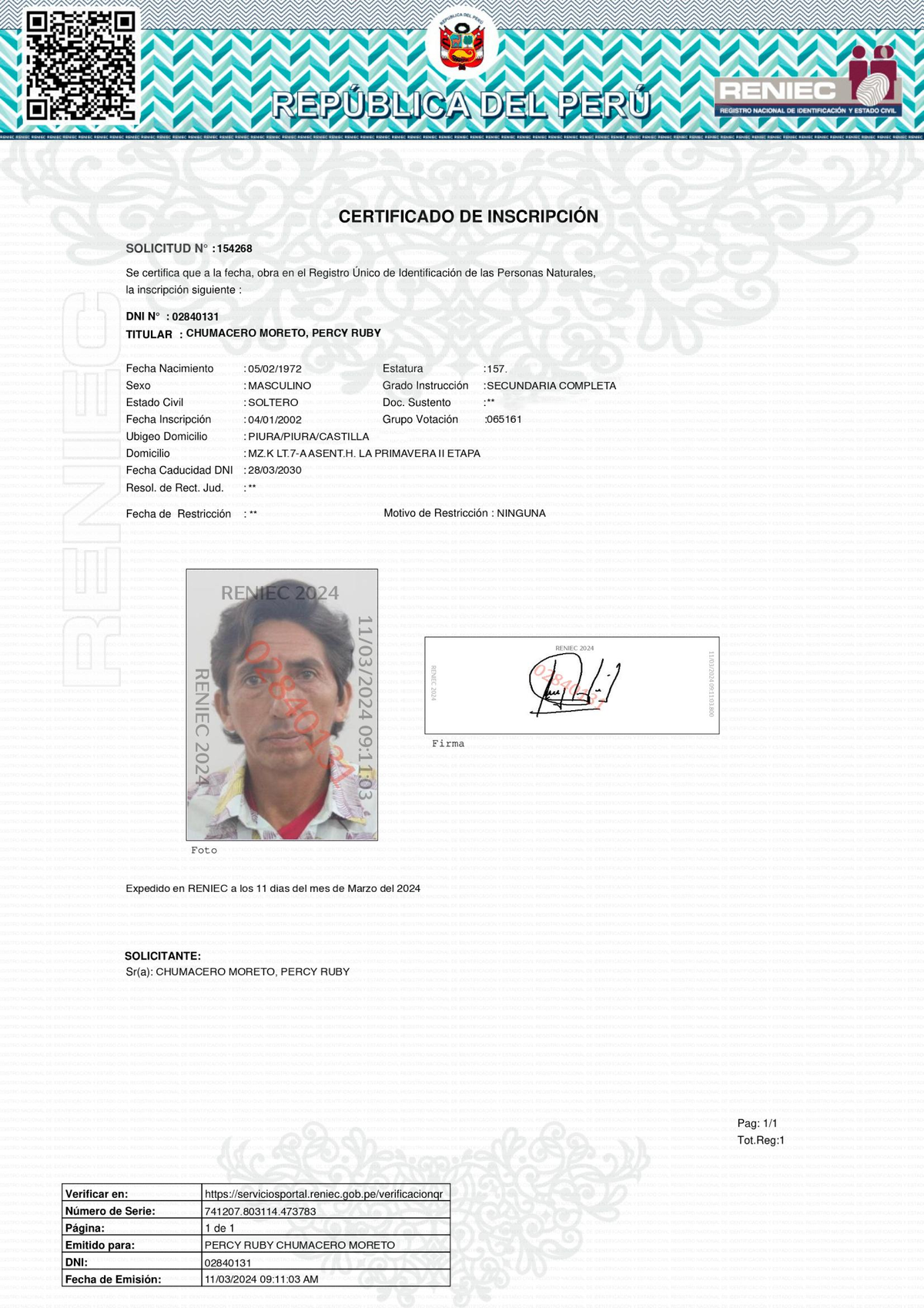 Certificado de Inscripción RENIEC - C4 - Chumacero Moreto - Studocu