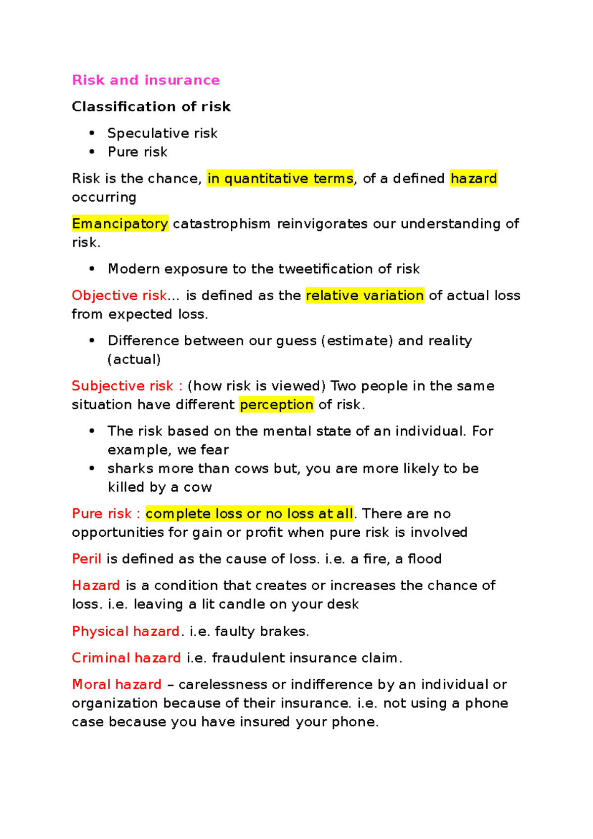 Risk and Insurance Overview: Weeks 1-2 Summary (RISK101) - Studocu